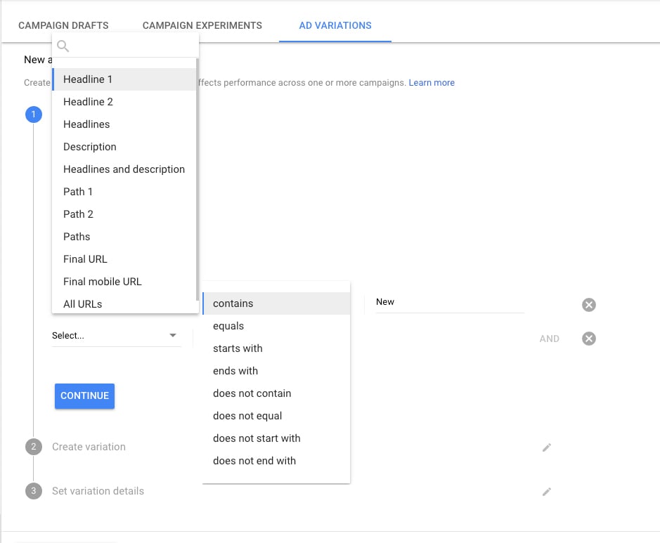 New adwords interface ad variations
