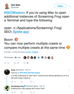 Omi Sido Screaming Frog Tweet