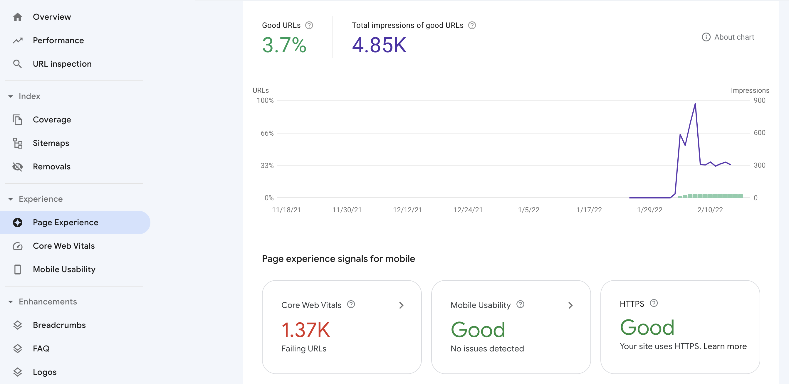 The Page Experience section in Google Search Console providing an overview of the Core Web Vitals, mobile usability and HTTPS status of a website