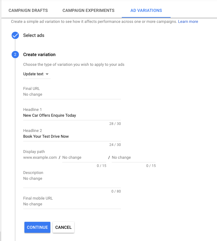 Update text new Google AdWords interface