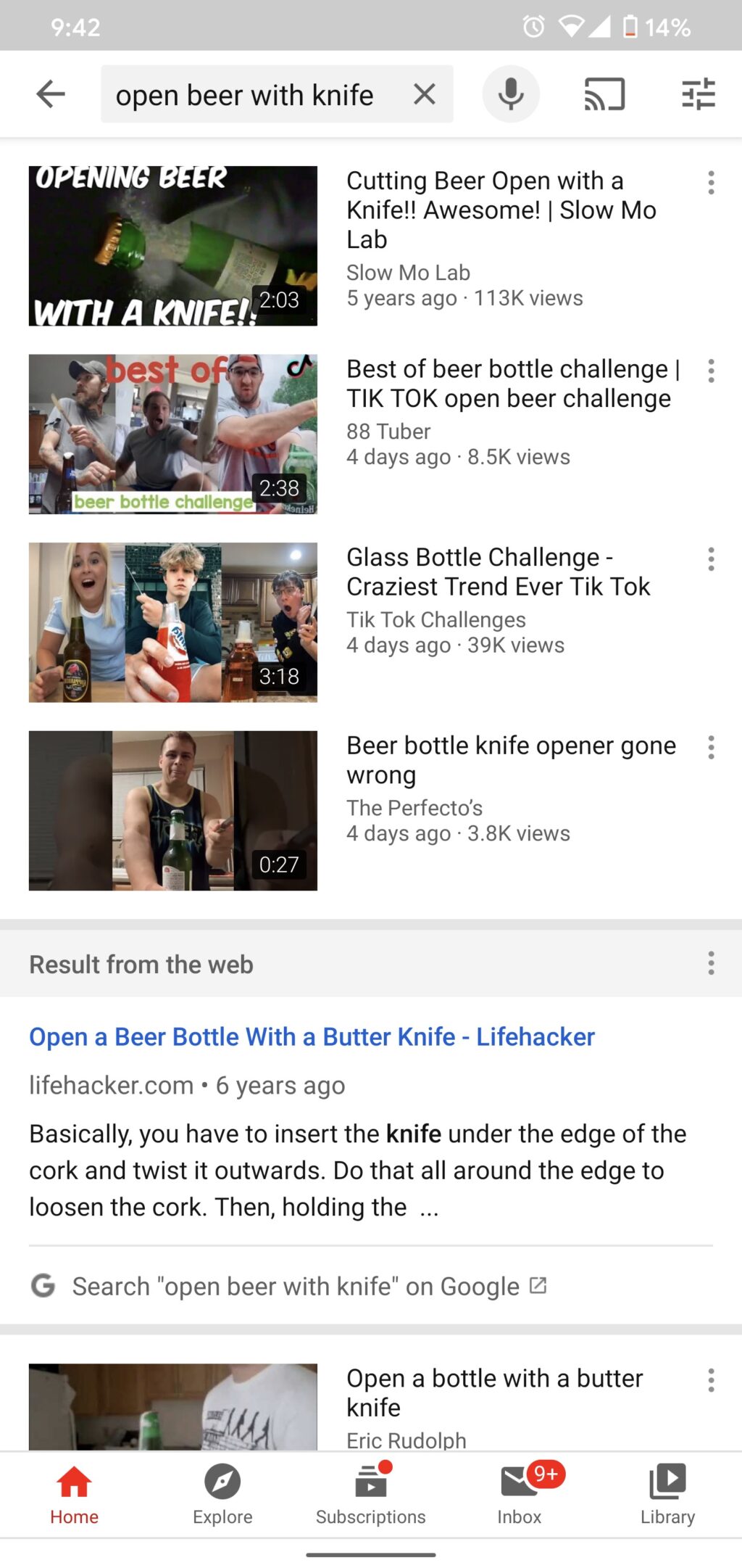 A mobile screenshot showing web results on YouTube