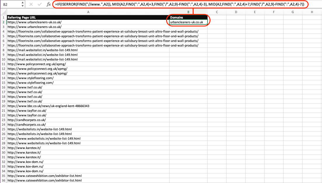 formula to extract domain from url