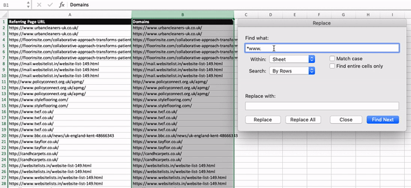 find and replace to extract domains from urls in excel